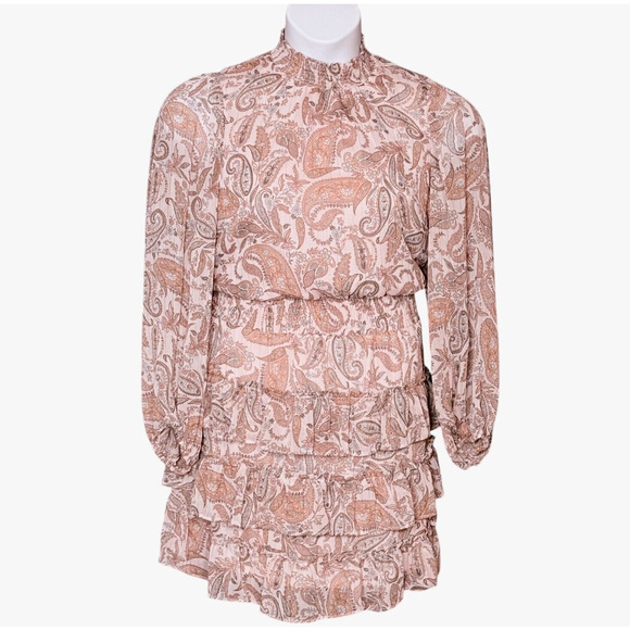 1.State High Neck Paisley Mini Dress Long Sleeve Smocked Ruffle Skirt Size Large - Picture 2 of 11